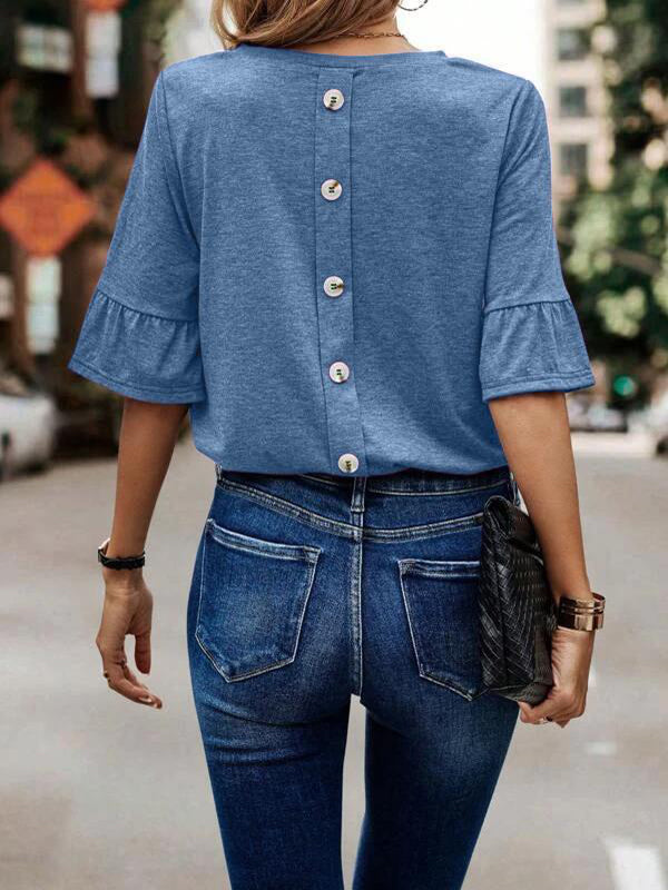 xakxx Ruffle Sleeves Asymmetric Buttoned Solid Color Split-Joint Round-Neck T-Shirts Tops