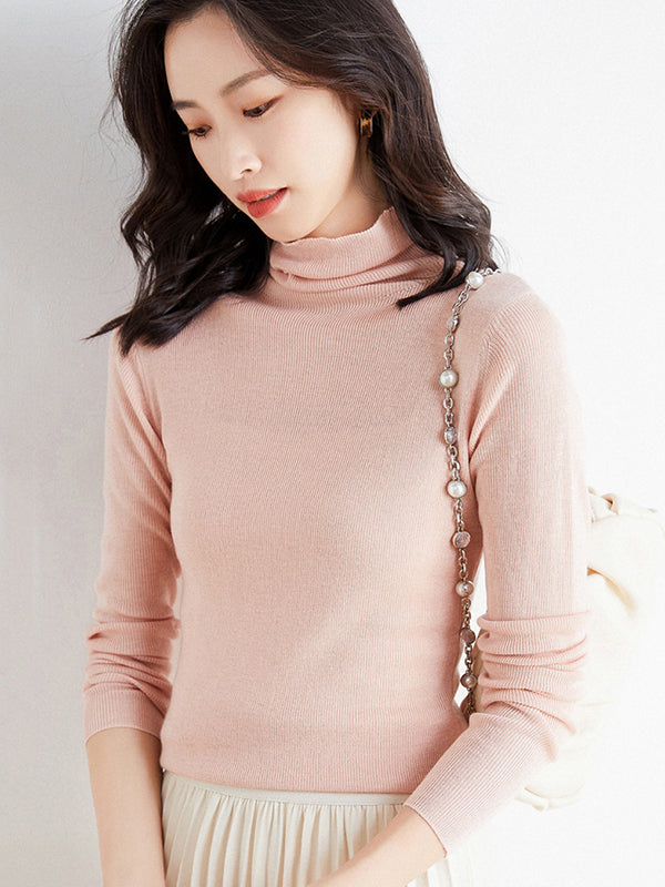 xakxx Simple Skinny Long Sleeves Solid Color High-Neck Sweater Tops Pullovers