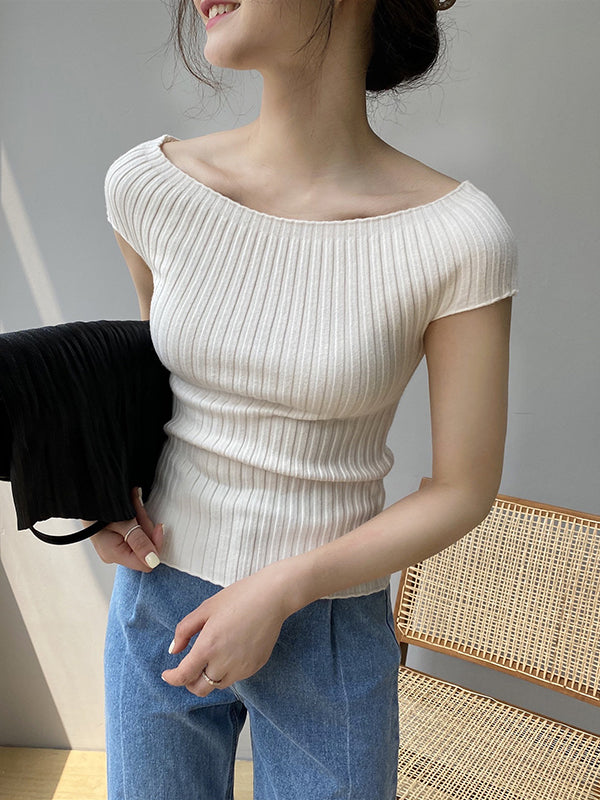 xakxx Short Sleeves Skinny Solid Color Boat Neck Knitwear Pullovers Sweater