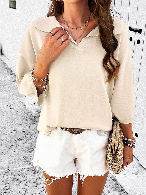 xakxx Loose Three-Quarter Sleeves Solid Color Split-Joint Lapel T-Shirts