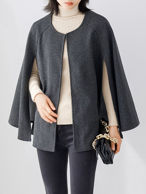 xakxx Casual Loose Solid Color Round-Neck Cape Outerwear