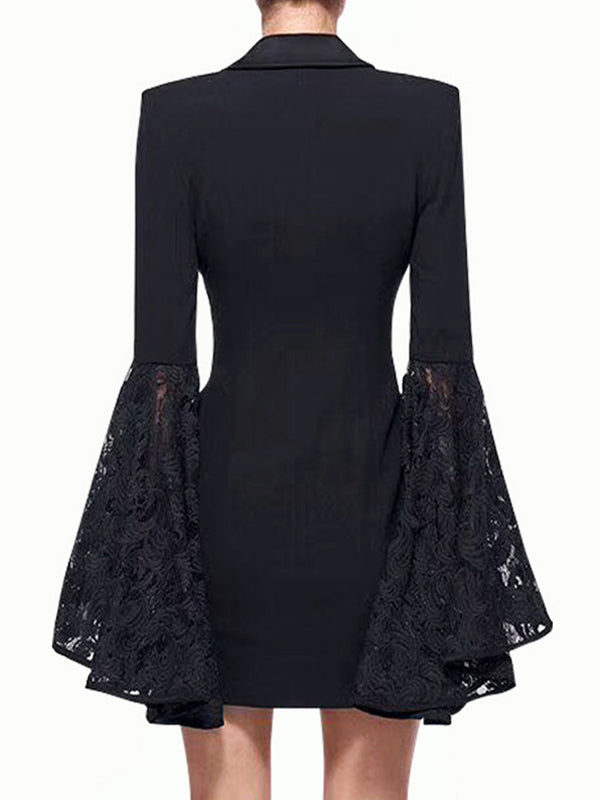 xakxx Flared Sleeves Long Sleeves Asymmetric Buttoned Solid Color Split-Joint Notched Collar Blazer Outerwear