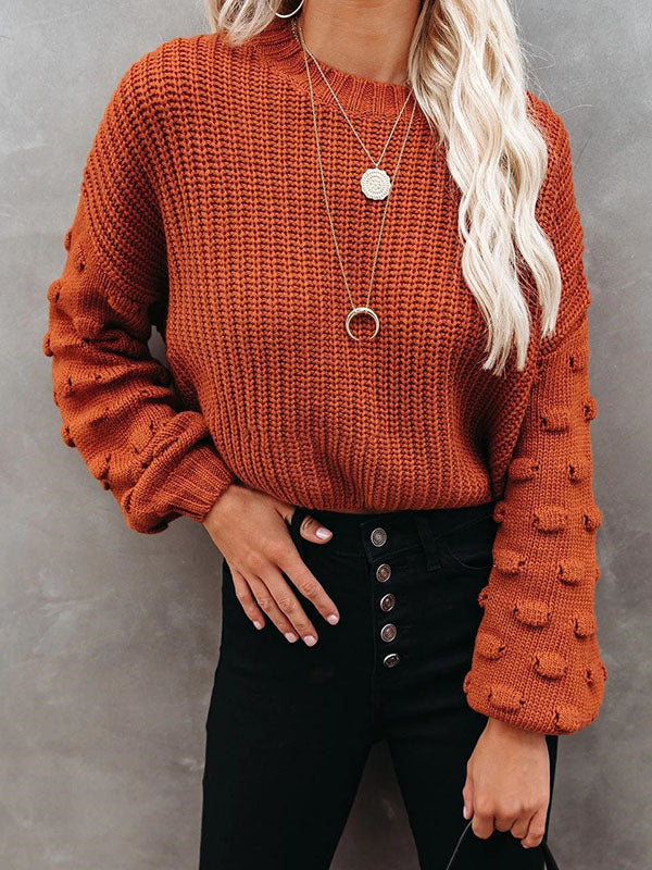 xakxx Trendy Tops Puff Sleeves Loose Solid Color Round-Neck Sweater Tops