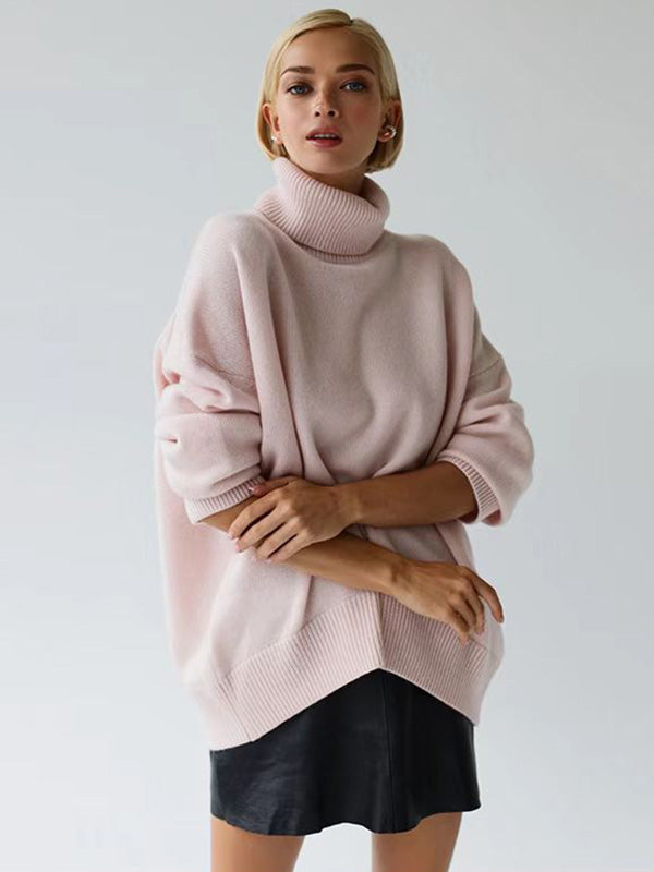 xakxx Casual Long Sleeves Loose Solid Color High-Neck Sweater Tops