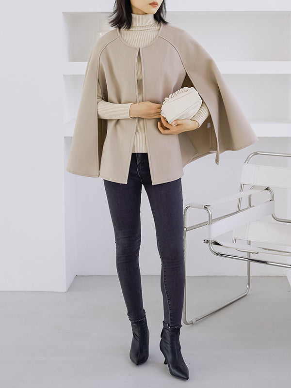 xakxx Casual Loose Solid Color Round-Neck Cape Outerwear