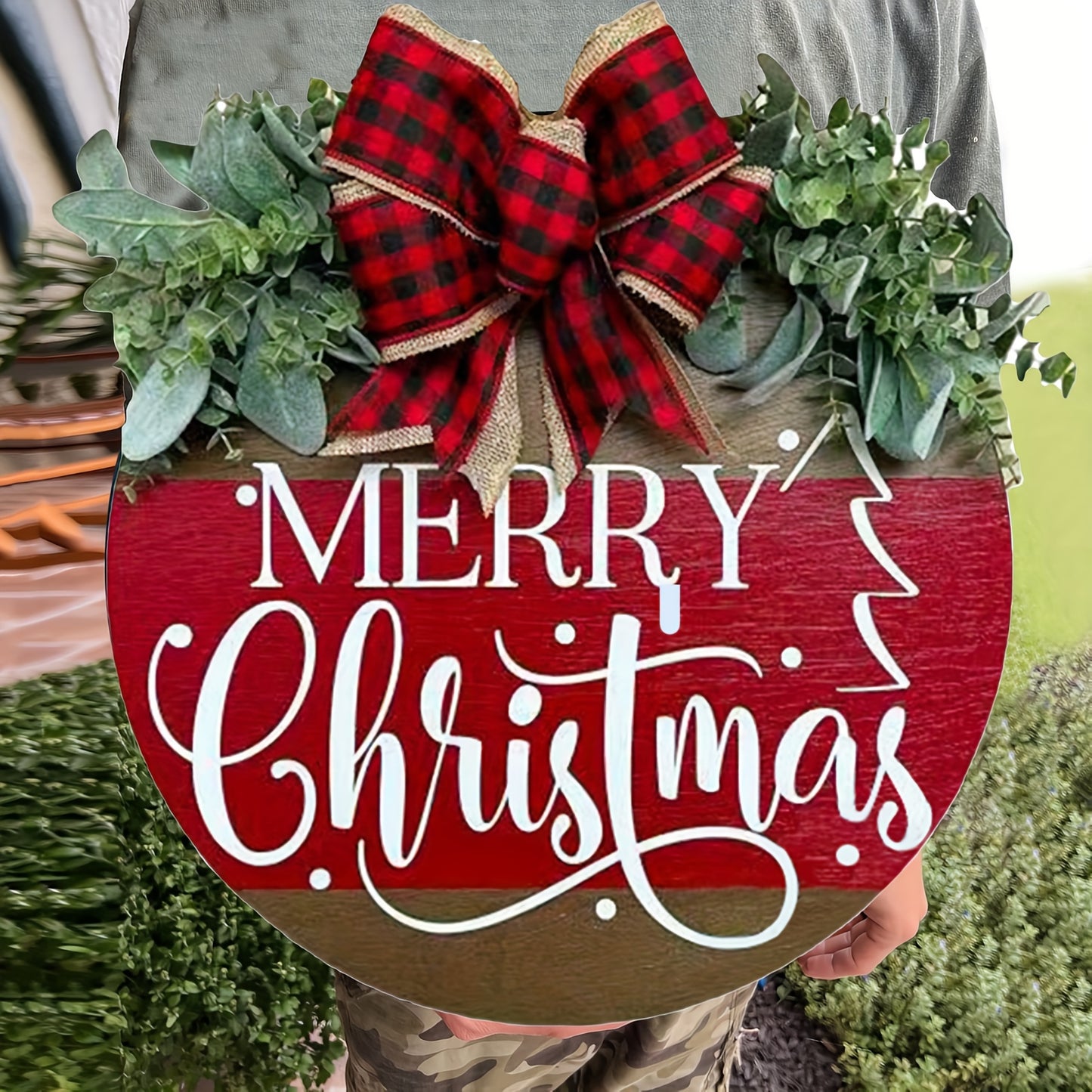 Christmas Wreath Welcome Sign - Outdoor Holiday Decoration for Front Door, Porch, Farmhouse, Home Bar, Indoor, Room Decor - Rustic, Hanging, Gift Idea, Seasonal Decor