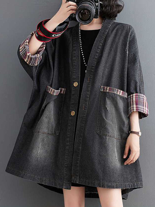 xakxx Long Sleeves Loose Buttoned Plaid Pockets Split-Joint V-Neck Denim Outerwear