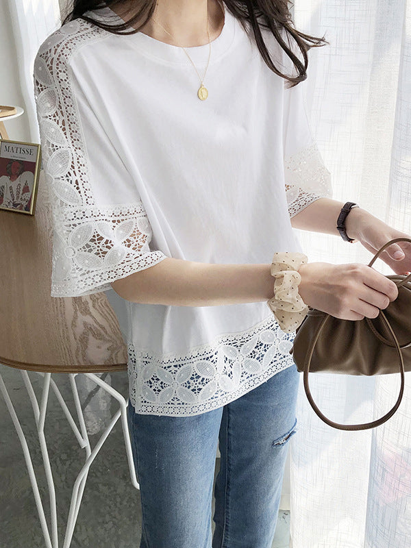 xakxx Half Sleeves Loose Hollow Solid Color Split-Joint Round-Neck T-Shirts Tops