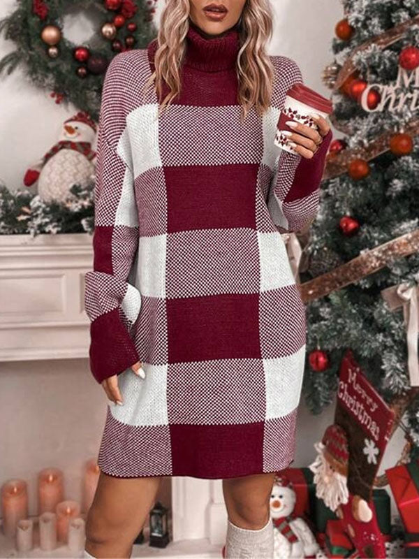 xakxx Long Sleeves Loose Contrast Color Plaid High Neck Mini Dresses Sweater Dresses