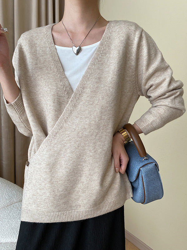 xakxx Long Sleeves Loose Asymmetric Buttoned V-neck Sweater Tops