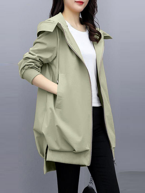 xakxx Casual Loose 4 Colors Pleated Zipper Hooded Long Sleeves Outwear