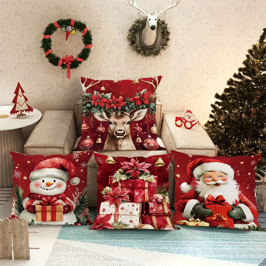 4-Pack Velvet Printed Christmas Pillow Covers with Santa & Snowman Designs, Machine Washable, Zipper Closure, Polyester Fabric, Contemporary Style for Home Sofa, Bedroom, Living Room Decor
