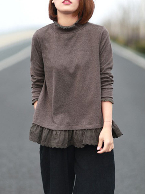 xakxx Original Creation Long Sleeves Loose Ruffled Solid Color Stand Collar T-Shirts Tops