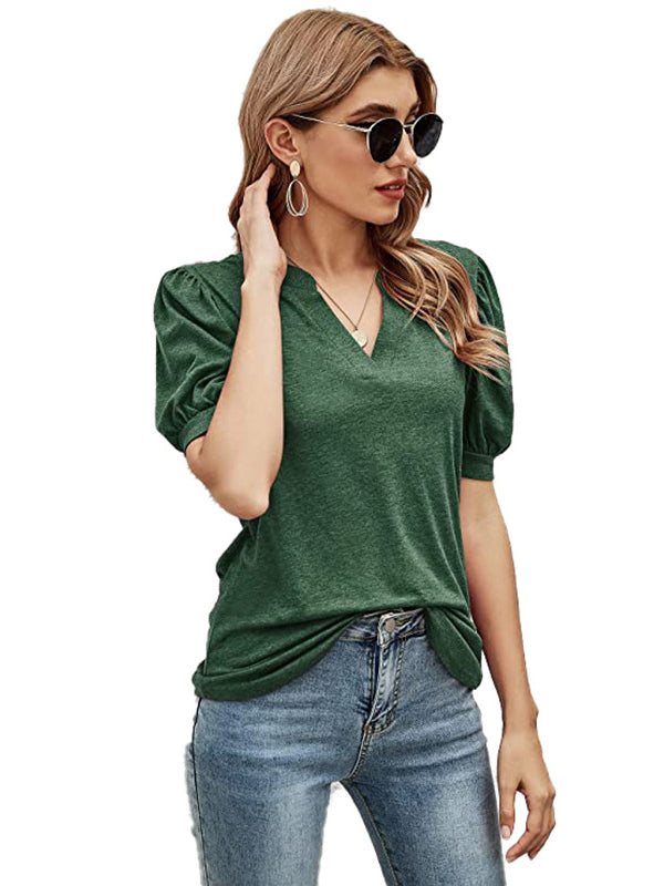 xakxx Simple Solid Color V-Neck Puff Sleeves T-Shirt Top