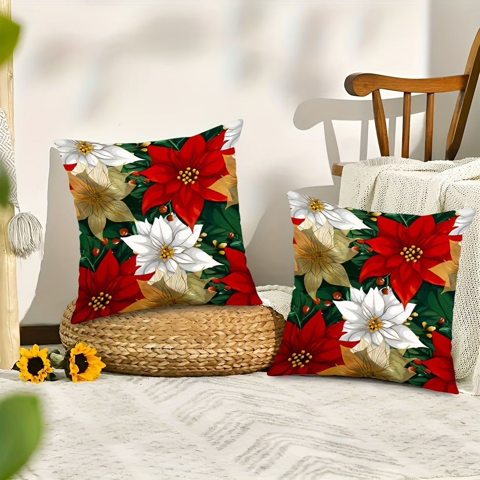 2-Pack Vibrant Christmas Poinsettia Throw Pillow Covers - Premium Zippered Polyester Cushion Cases with Seasonal Xmas Flower Design, Machine Washable, Soft and Cozy for Home Decor - Single Sided Print (No Insert)