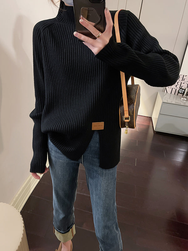 xakxx Long Sleeves Loose Split-Front Mock Neck Pullovers Sweater Tops