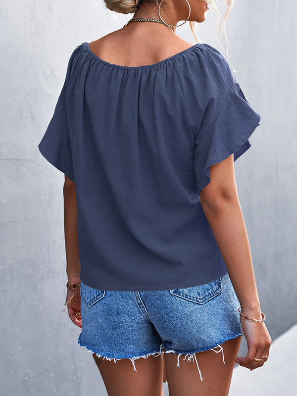 xakxx Loose Short Sleeves Elasticity Falbala Pleated Solid Color Tied Round-Neck T-Shirts Tops