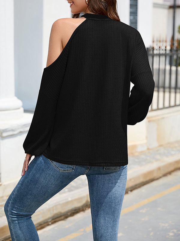 xakxx Loose Hollow Solid Color One-Shoulder Shirts