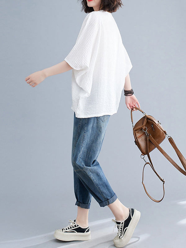 xakxx Batwing Sleeves Loose Solid Color Split-Joint Round-Neck T-Shirts Tops