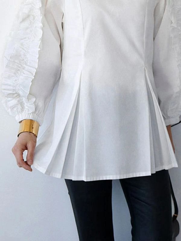 xakxx Trendy Tops Loose Puff Sleeves Plaid Agaric Laces Falbala Round-Neck Blouses