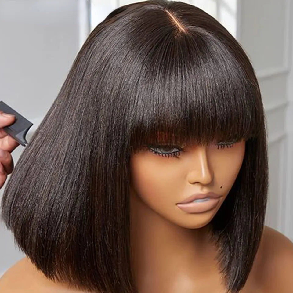 Straight Bob Wig with Bangs Bone Remy Human Hair Wigs for Women Brazilian Hair Straight Full Lace Wigs Bob Fringe Wig