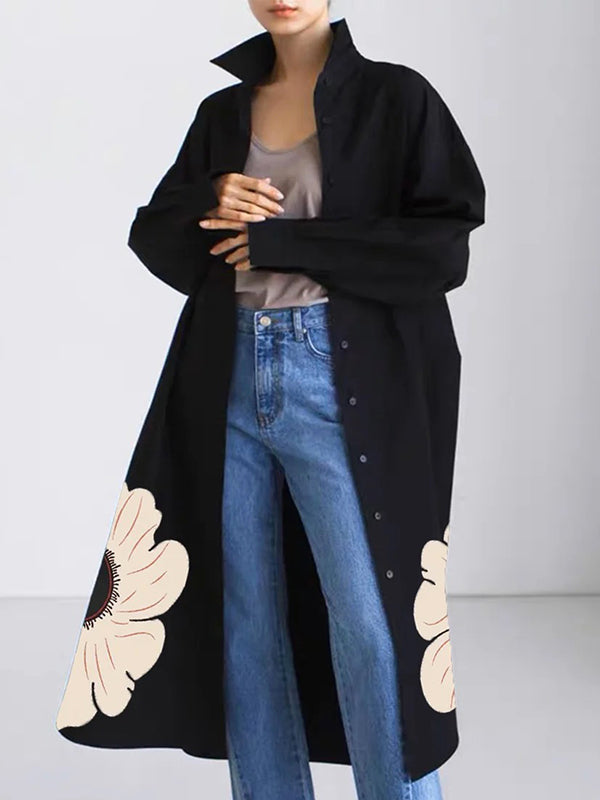 xakxx Long Sleeves Loose Buttoned Floral Printed Lapel Collar Outerwear