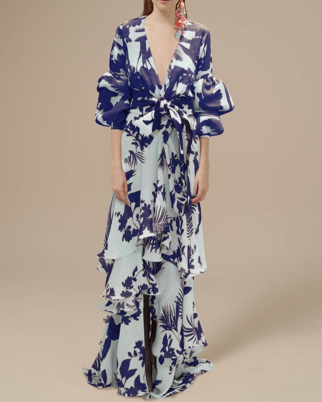xakxx Stylish Puff Sleeves Long Sleeves Printed Lapel Collar Shirt Maxi Dresses