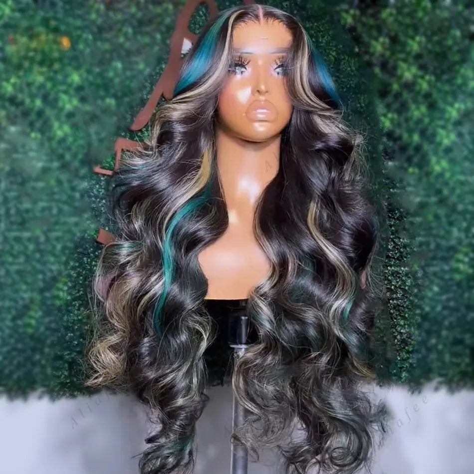 Brazilian Hair Body Wave Highlight Black With Blue Lace Frontal Wig HD Transparent Glueless Full Lace Front Wigs For Women