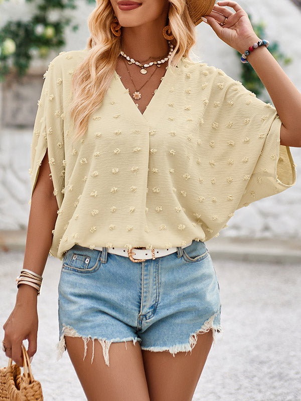 xakxx Half Sleeves Loose Jacquard Solid Color V-Neck T-Shirts Tops