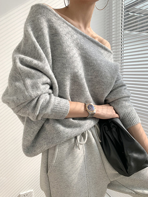 xakxx Casual Loose Long Sleeves Solid Color Off-The-Shoulder Sweater Tops