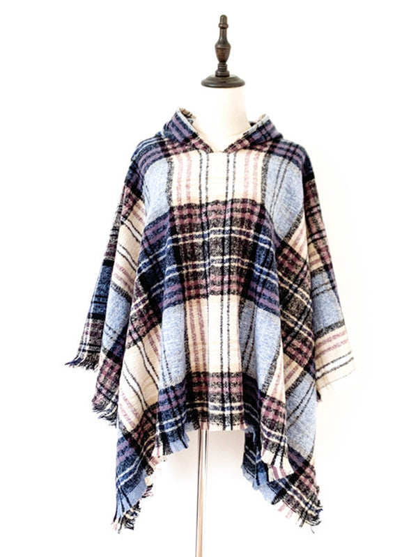 xakxx Fringed Hooded Keep Warm Plaid Cape Shawl&Cloak
