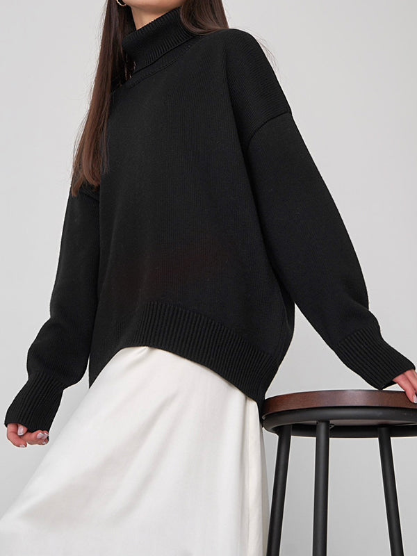 xakxx Long Sleeves Loose Solid Color High Neck Knitwear Pullovers Sweater Tops