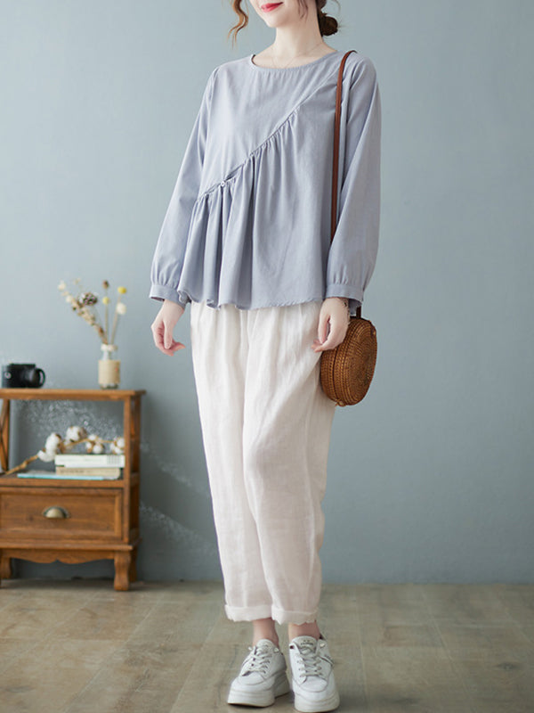 xakxx Casual Loose Long Sleeves Solid Color Round-Neck T-Shirts Tops