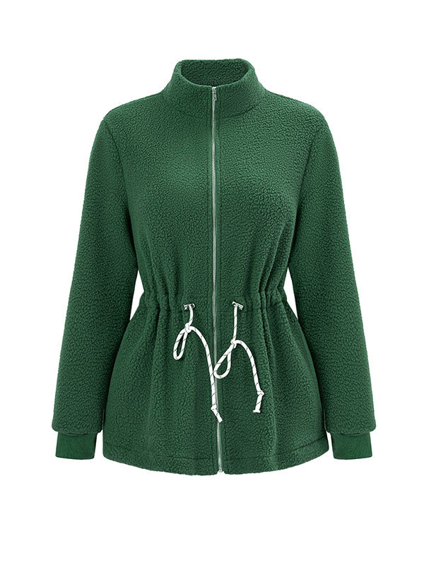 xakxx Long Sleeves Loose Drawstring Solid Color Velvet Zipper Stand Collar Outerwear