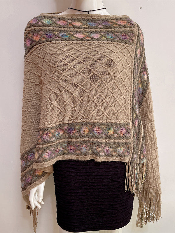 xakxx Loose Asymmetric Tasseled V-Neck Cape Shawl&Cloak