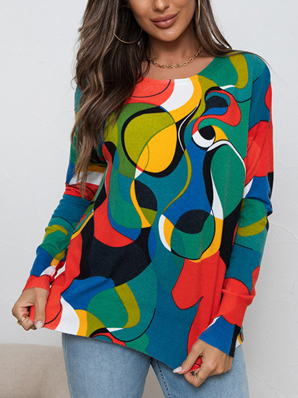xakxx Long Sleeves Loose Contrast Color Printed Round-Neck Knitwear Pullovers Sweater Tops