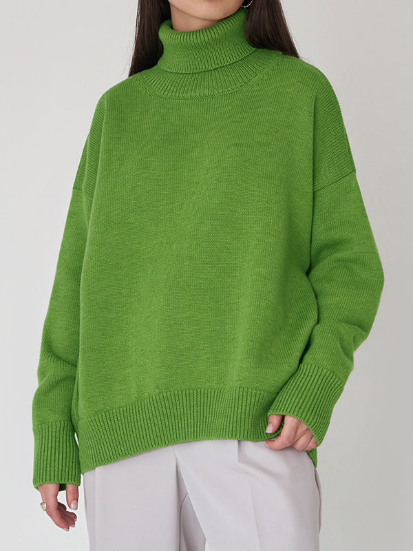 xakxx Long Sleeves Loose Solid Color High Neck Knitwear Pullovers Sweater Tops