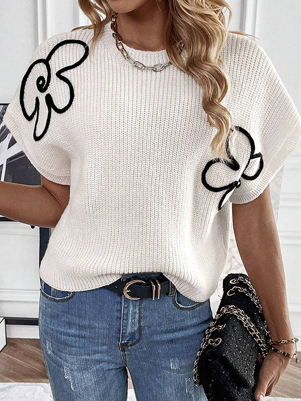 xakxx Loose Short Sleeves Knitted Flower Round-Neck Pullovers Sweater Tops