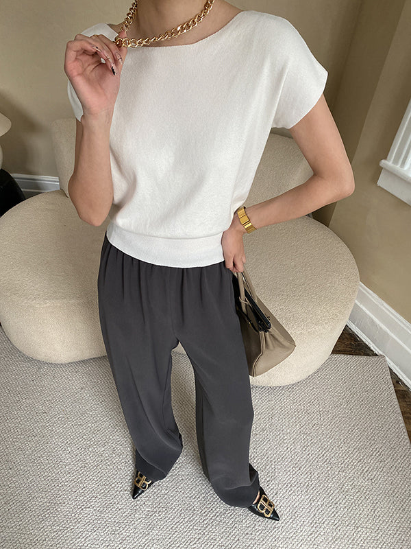 xakxx Stylish Loose Solid Color Boat Neck Knitwear Pullovers Tops