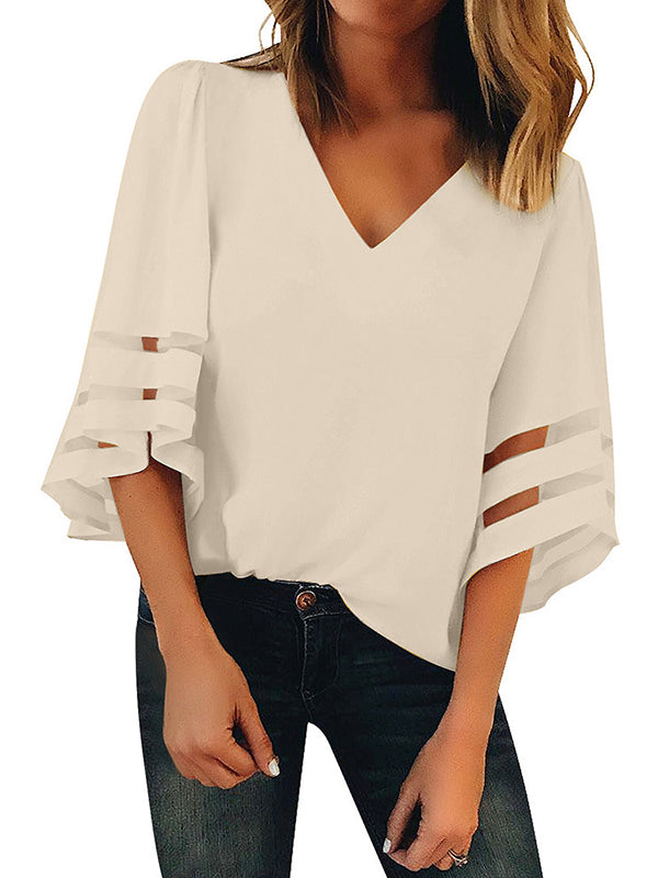 xakxx Loose Solid Color Split-Joint V-Neck T-Shirts Tops