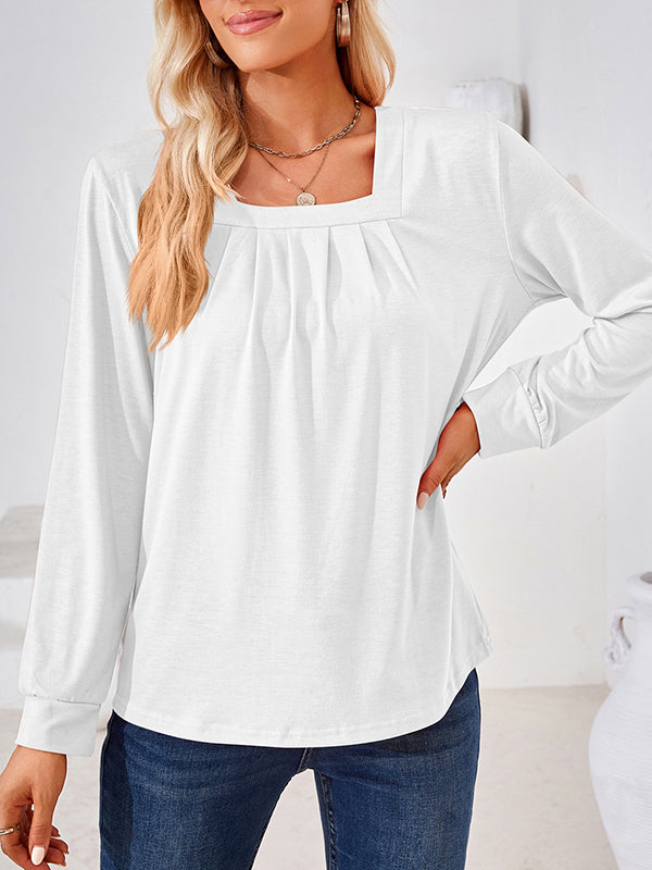 xakxx Long Sleeves Loose Pleated Solid Color Square-Neck T-Shirts Tops