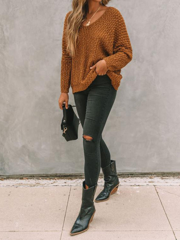 xakxx Long Sleeves Loose Solid Color V-Neck Knitwear Pullovers Sweater Tops