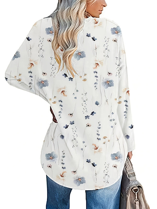 xakxx Long Sleeves Loose Flower Print Round-Neck T-Shirts Tops