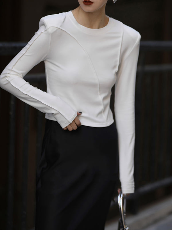 xakxx Long Sleeves Skinny Shoulder Pad Solid Color Round-Neck T-Shirts Tops