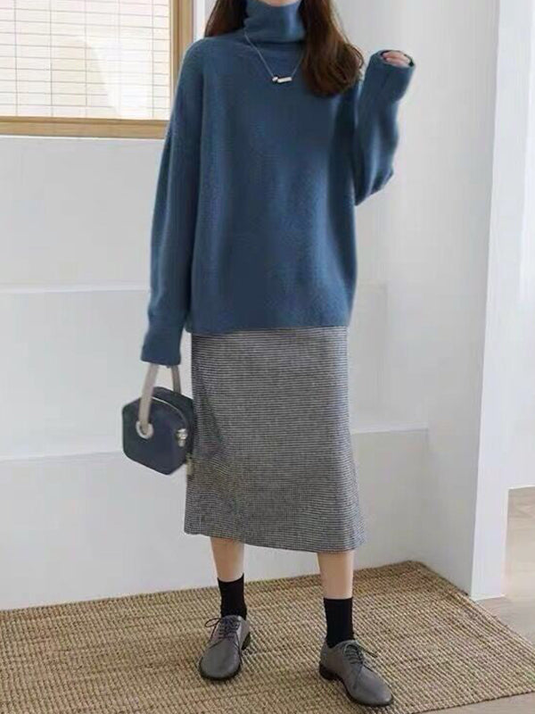 xakxx Casual Loose Long Sleeves Solid Color High-Neck Sweater Tops