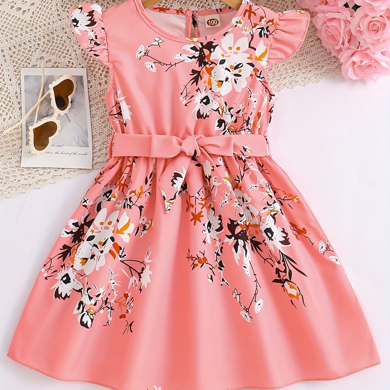 Girls Charming Floral Midi Dress - Fashionable Flying Sleeve & Sleeveless Combo, Lightweight & Comfortable for Sweet Summer Days, Adorable Daily Wear Dress with Bold Pattern