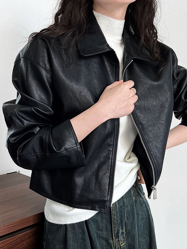 xakxx Long Sleeves Loose Solid Color Zipper Lapel Collar Jackets&Coats Outerwear