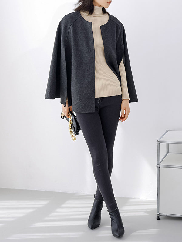 xakxx Casual Loose Solid Color Round-Neck Cape Outerwear