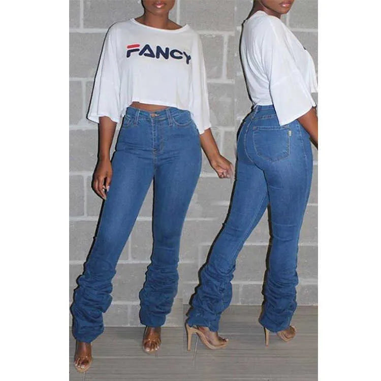 Women's Jeans Ruched Denim Blue High Wait Stacked Pants Autumn y2k Women Clothing Streetwear Jeans Fashion Skinny Pockets Trousers T231023