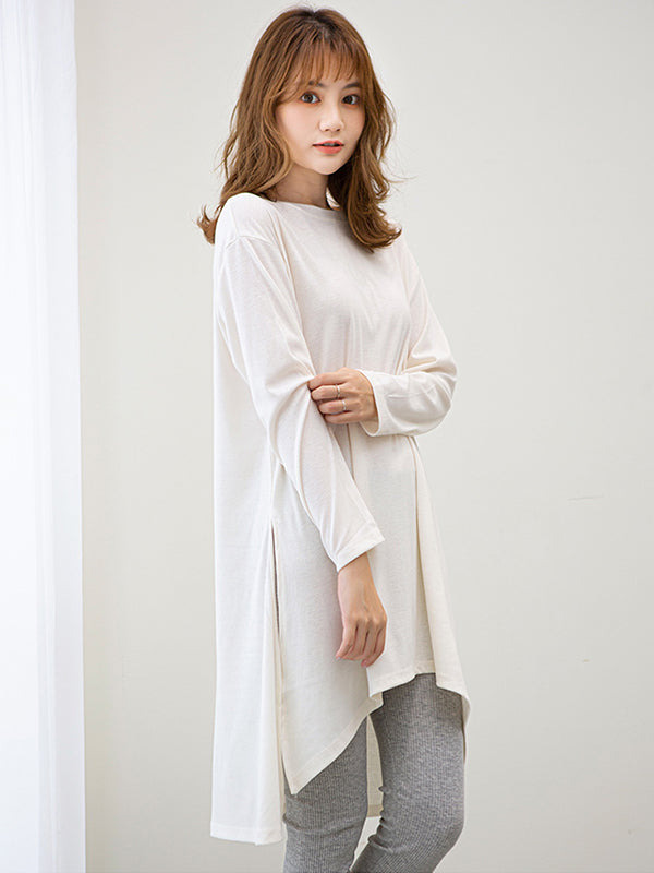 xakxx Casual High-Low Long Sleeves Solid Color Round-Neck T-Shirts Tops